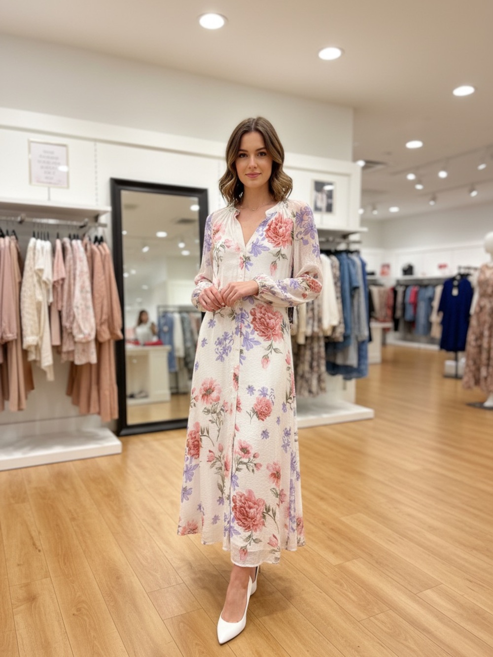CeCe White Maxi Dress with Pink & Lavender Floral Print